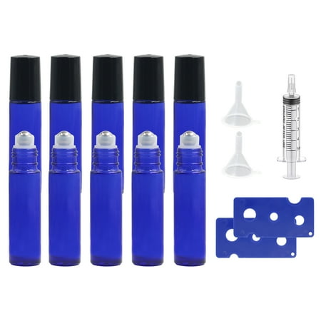10 Pack Essential Oil Roller Bottles 10ml Cobalt Blue Glass Roll on Bottles with Stainless Steel Roller Balls(2*Openers 2*Funnels 1*Syringes ) for Fragrance Liquids Traveling (10ml Blue)