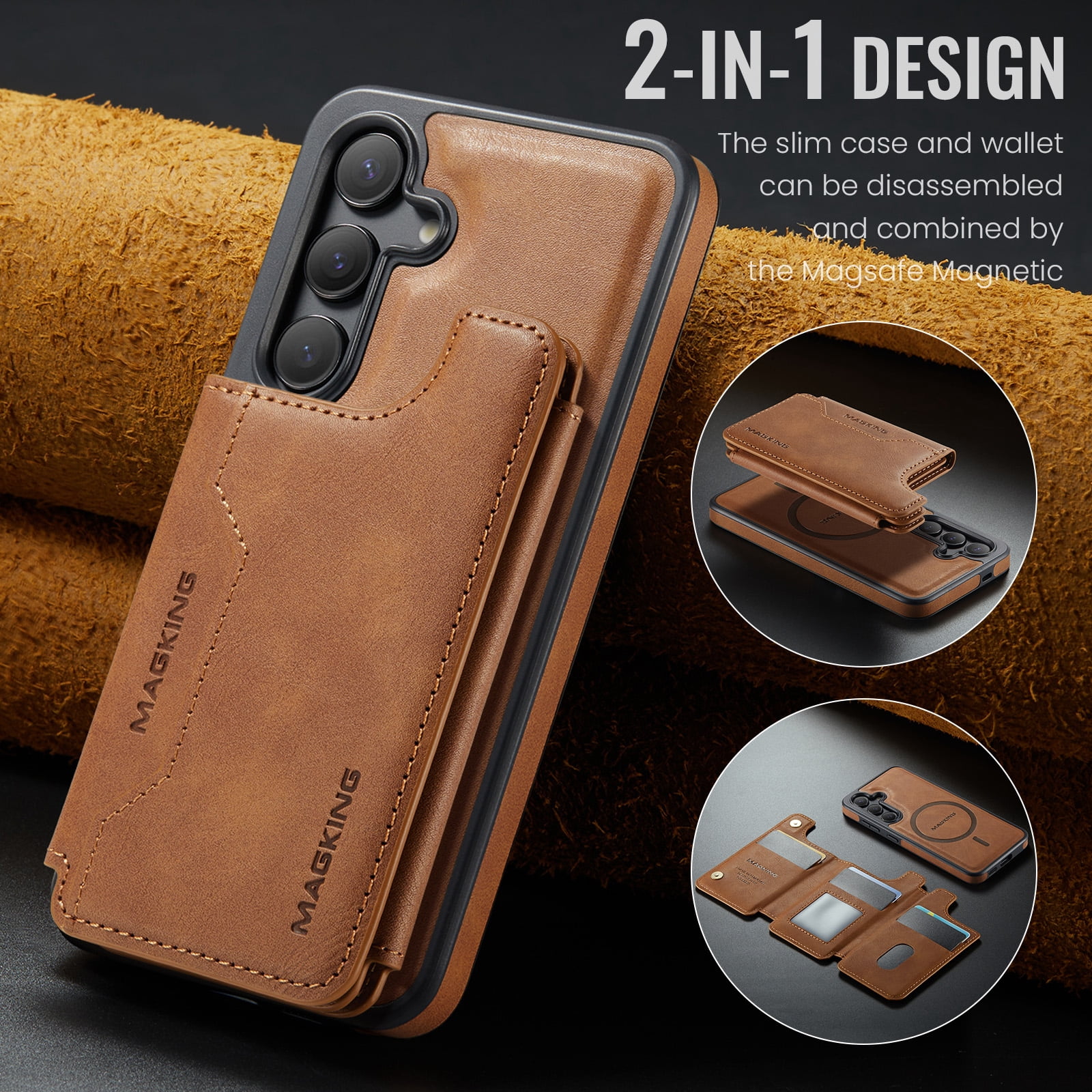 Designed for Samsung Galaxy S25 Wallet Phone Case,Magnetic Detachable Flip Card Holder,Back Flip Kickstand,Compatible with Mag-Safe,2-in-1 PU Leather Heavy Duty Shockproof Phone Case,Brown