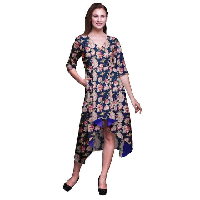 Bimba Robe Mi-Longue Classique en Coton à Manches Courtes Imprimée de Feuilles Bleues et d'Oeillets Floraux avec Poches, Coupe Droite Asymétrique - Très Petit