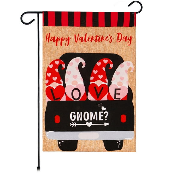 G128 12"x18" Double-Sided Garden Flag Happy Valentines Day Love Four Gnomes in Truck Burlap Fabric