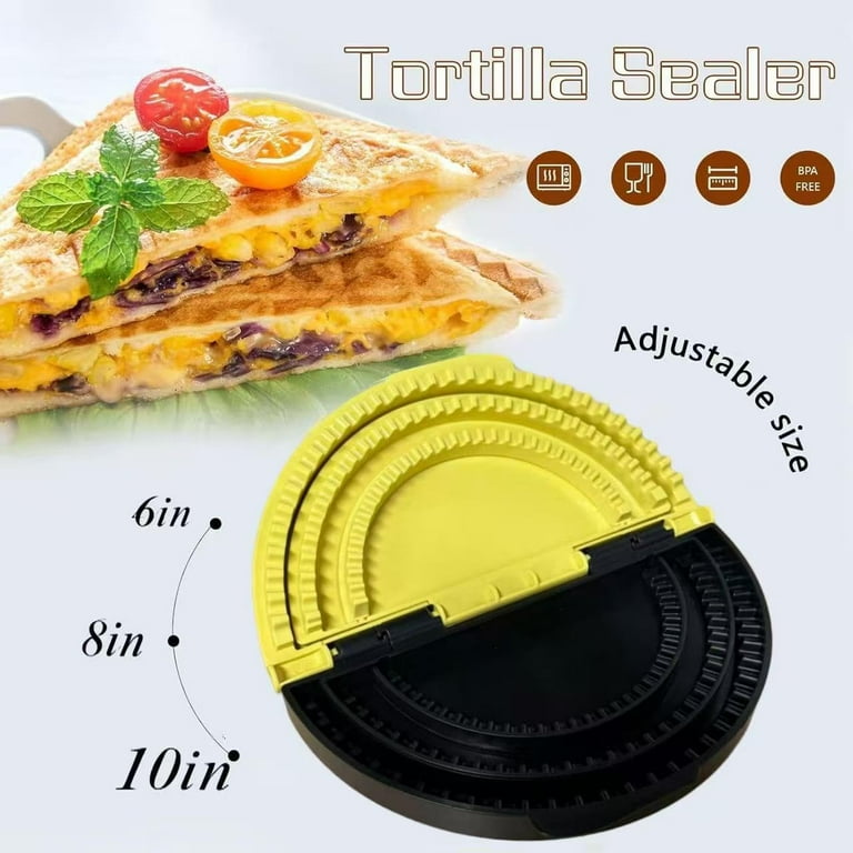 3-in-1 Tortilla Sealer & Crimper, Adjustable Size for 6"-12" Crust, Detachable Shark Tooth Design, BPA-Free, Dishwasher Safe - Makes Sealed Quesadillas, Tacos, Burritos, Dumplings (Yellow & Black)