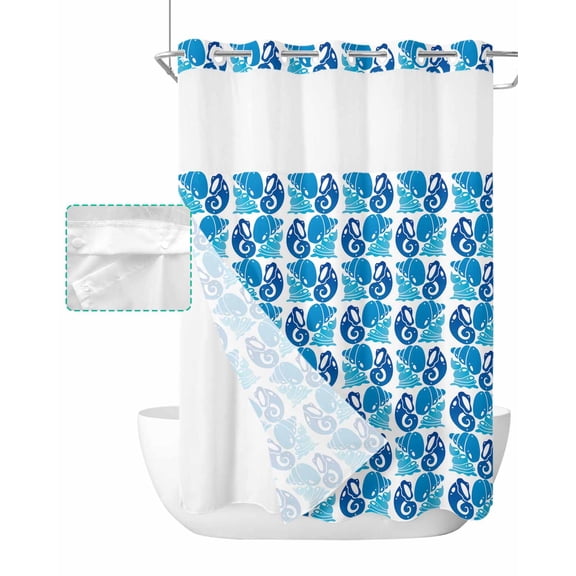 No Hook Shower Curtain with Snap in Liner, Abstract Geometric Symmetry Hand Drawn Blue Sea Conch Hotel Shower Curtains for Bathroom, Washable Shower Curtain Liner Set with Mesh Top Window, 72"x96"