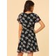 thumbnail image 5 of Vestido Elegante Con Botones Manga Corta Transparente Estampado Floral De Gasa Cuello Con Volantes Para Mujer Negro XL, 5 of 6