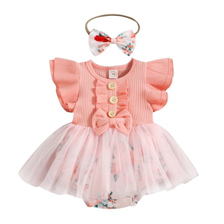 

Toddler Girls Bodysuits Bowknot Batwing Sleeve Floral Printed Ribbed Tulle Headband Daily Kids Clothes Cartoon Trendy Soft Cute Outwear Streetwear Spring Summer Rompers Jumpsuits