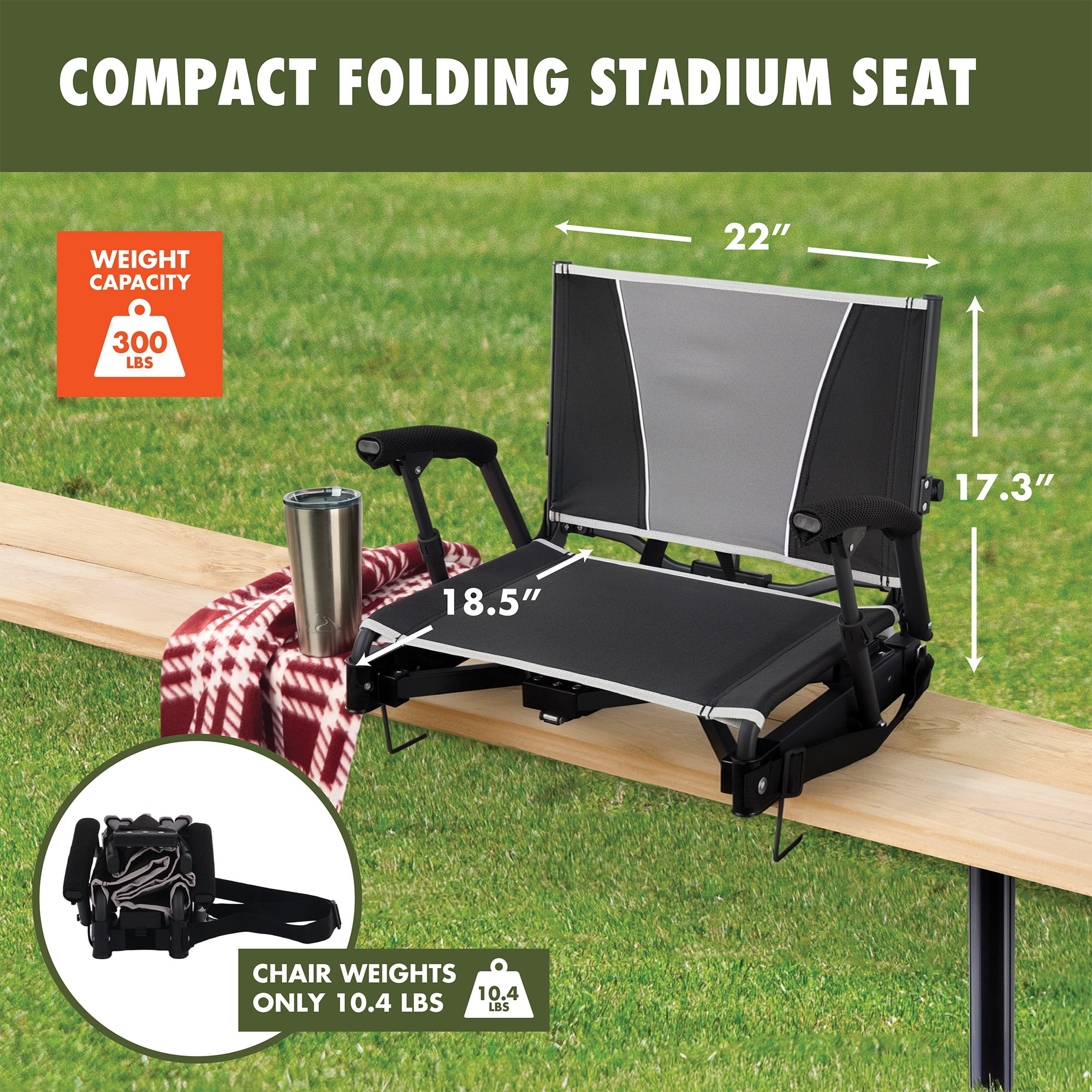 Ozark Trail Collapsible Hard-Arm Stadium Seat, Black