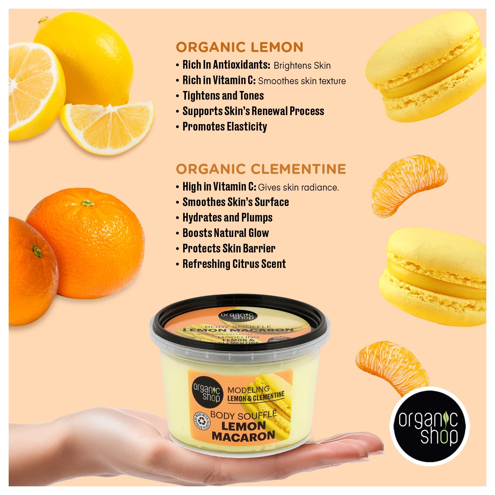 Organic Shop Lemon & Clementine Modeling & Hydrating Body Cream, 100% Vegan & Organic, Daily Moisturizer & Nourishing, Face, Hand & Foot Natural Lotion, Intensive Care & Skin Toning. 250ml. Pack of 2