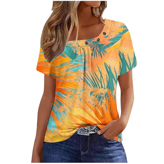 Lorytime Womens T Shirt Crew Neck Shirts Short Sleeve Casual Basic Tops Hawaii Ruffle Loose Summer Clothes Orange S