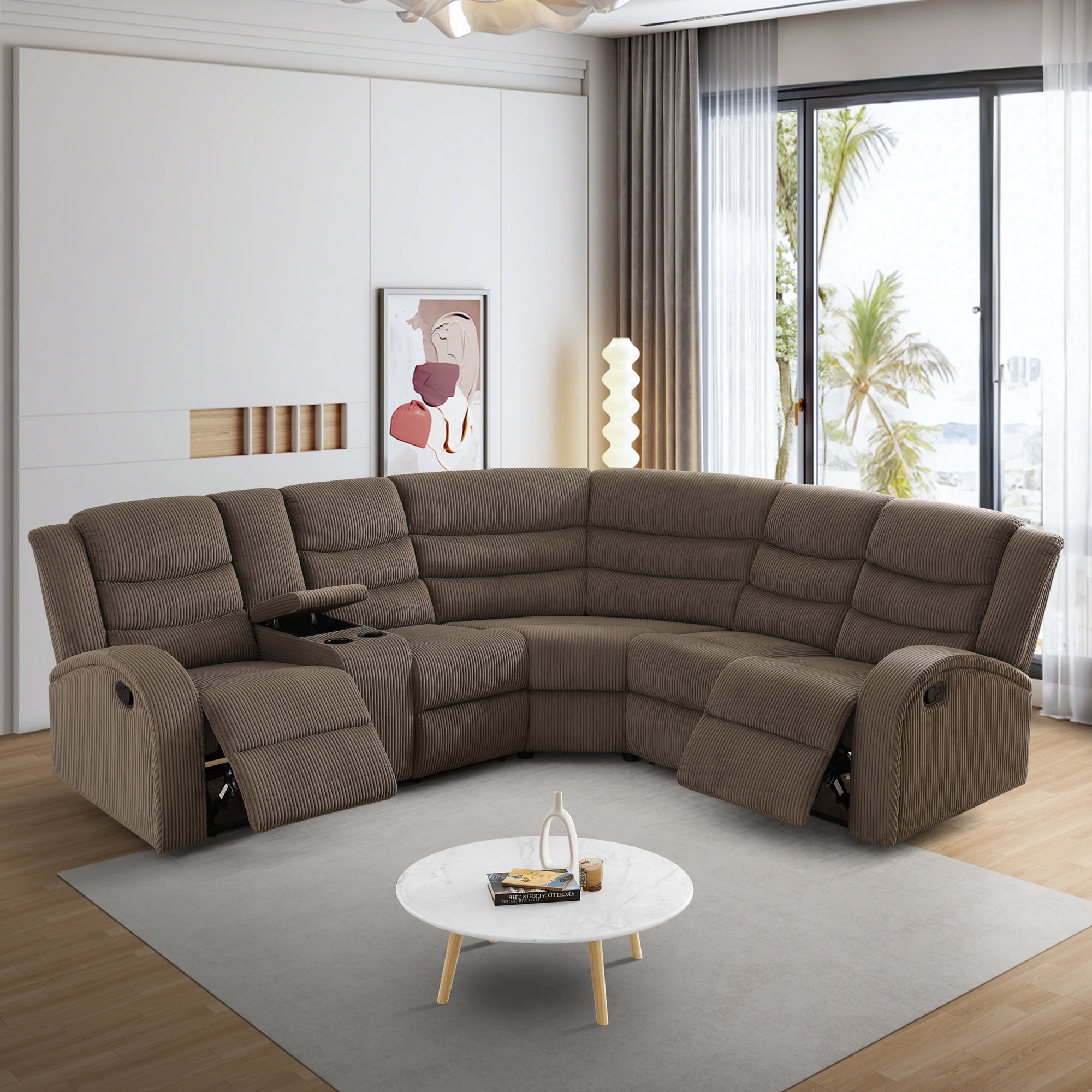Gewnee Brown Striped Fabric Manual Recliner Sectional Sofa, Angle Adjustable with Cup Holder, Oversize Couch for Living Room Home Office Theater