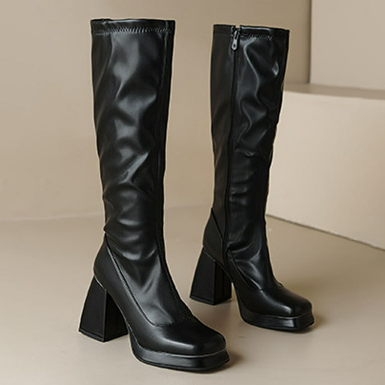 Gyexs Knee High Boots Women Wide Calf Chunky Square Heel Pointed