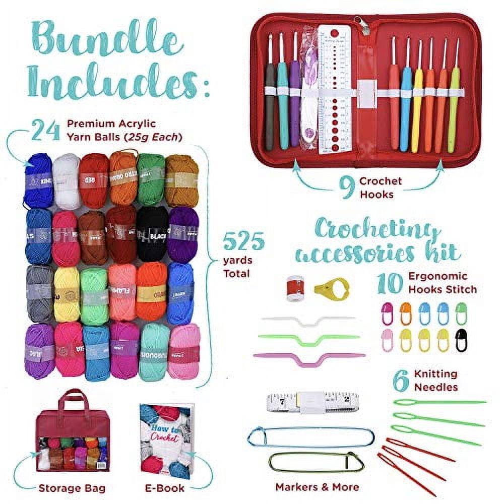 J Mark Multicolor Adult Crochet Kit for Beginners with 24 Acrylic Yarn balls