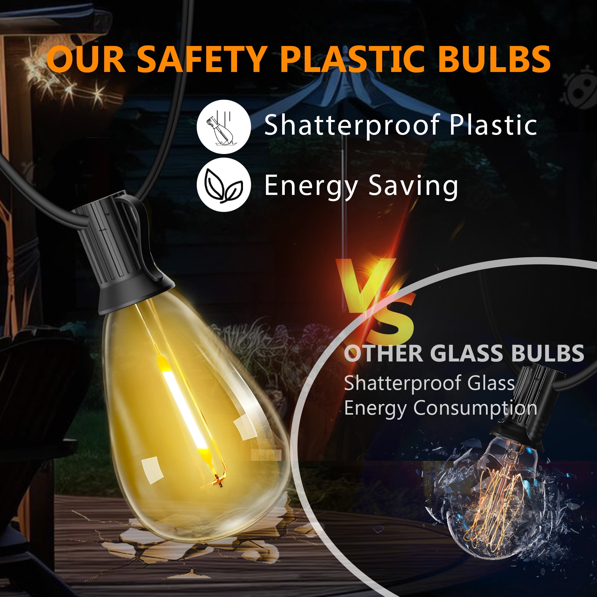 VOLIVO Solar Outdoor String Lights, 100FT S14 String Lights with 24 Shatterproof Bulbs, Waterproof Hanging Patio Lights for Porch, Patio