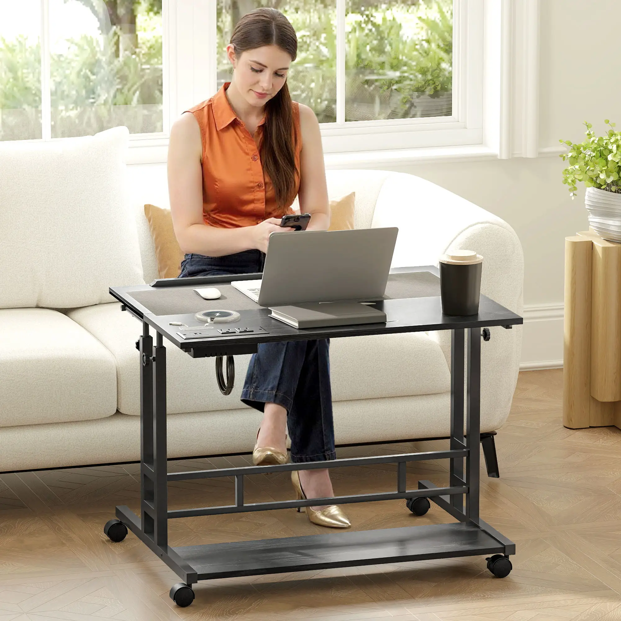Manual Height Adjustable Standing Desk, Three-Panel Tiltable Desktop Desk with Built-in Charging Station, Lockable Caster Wheels for Home Office Studio Classroom