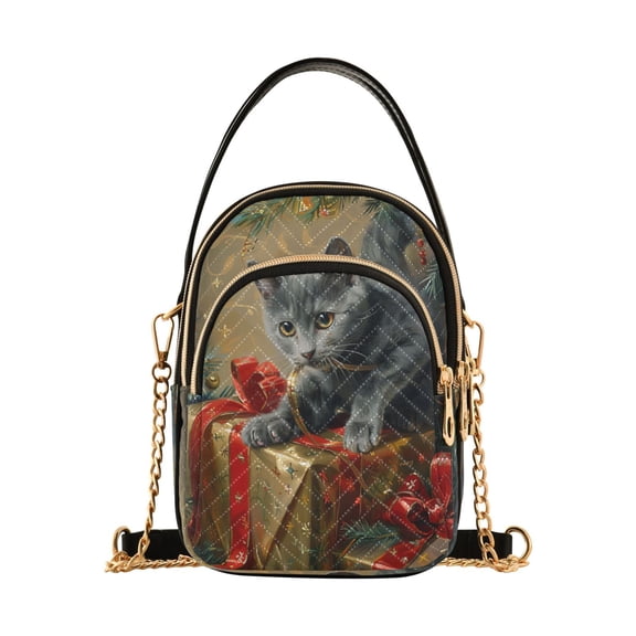 Cross Body Fashion Shoulder Waist Purse Bags Playful Gray Kitty Among Presents Pocket Handbags