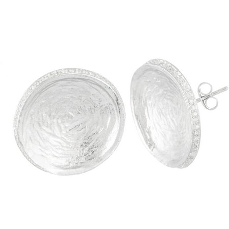 Lesa Michele Genuine Cubic Zirconia Round Textured Concave Earrings in Sterling Silver