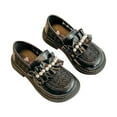 thumbnail image 1 of GiLiling Girls Loafer Flats, Ruffled Trim with Pearl Slip-On Dress Shoes, Embossed Mesh PU Upper Chunky Non-Slip Sole, Princess Style School Footwear (Black, 3.5-4 Years), 1 of 7