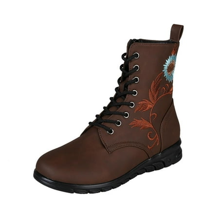 

Women Autumn and Winter Embroidered High Top BootsWomen Round Head Flat Bottom Lace up Boots