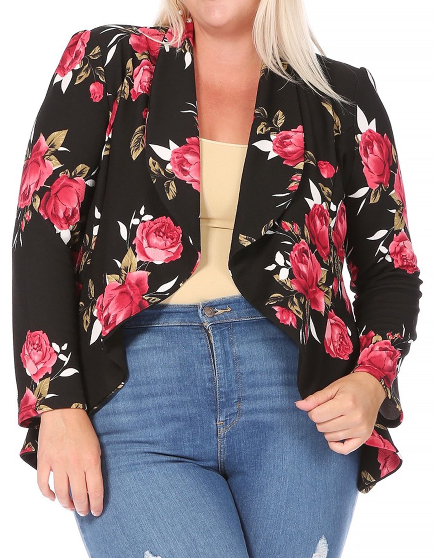 Women's Plus Size Long Floral Waist Length Open Front Blazer - Walmart.com