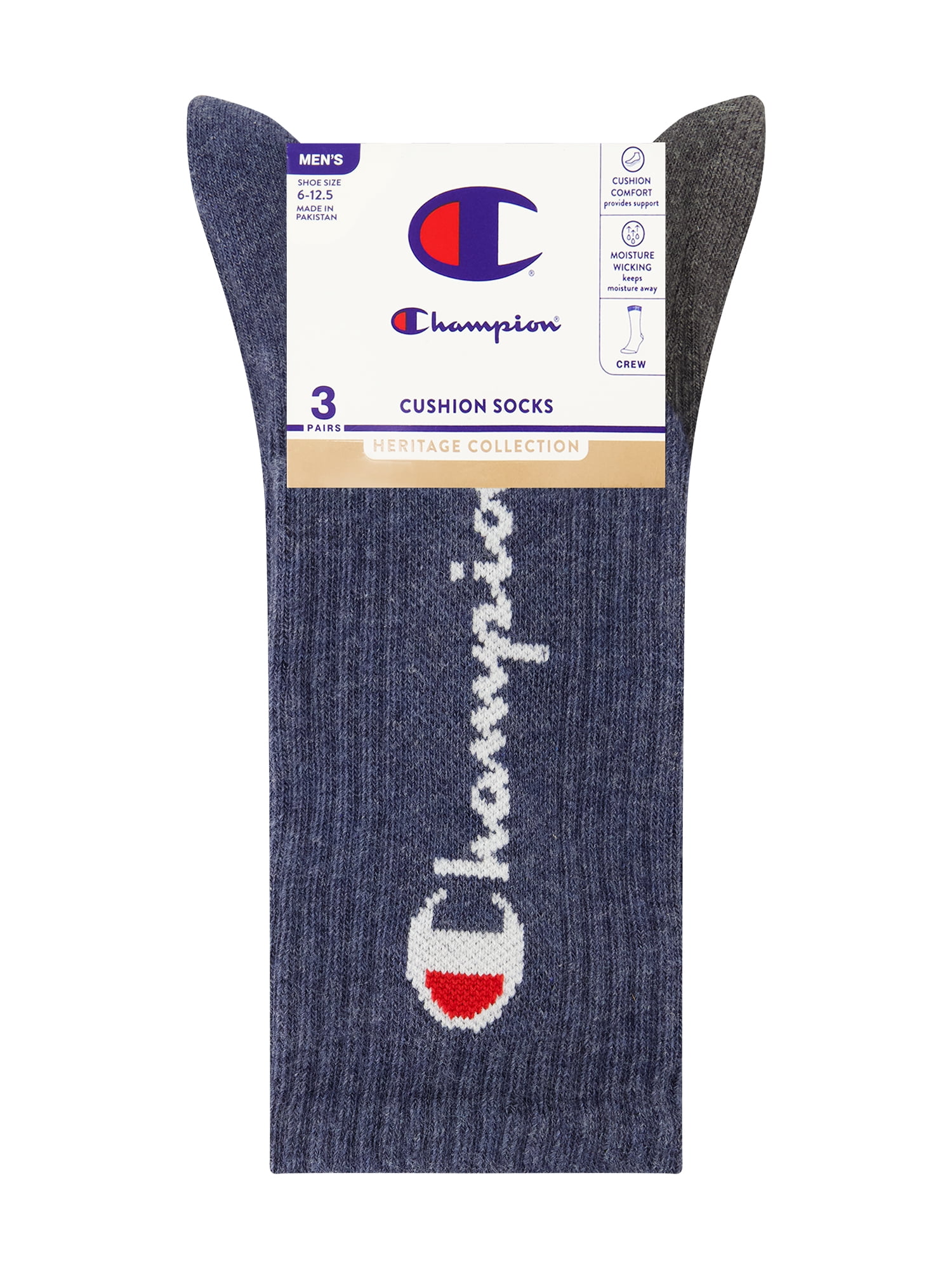 Champion Men’s Crew Socks 3 Pack – Half Terry Cushion, Moisture-Wicking, Arch Support, Stretch Comfort, Sizes 6–12.5