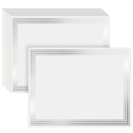 Juvale 50 Sheets Silver Foil Certificate Paper for Printing - Customizable Blank Cardstock with Border for Graduation Diploma, Achievement Awards, Recognition Documents (8.5 x 11 in, White)