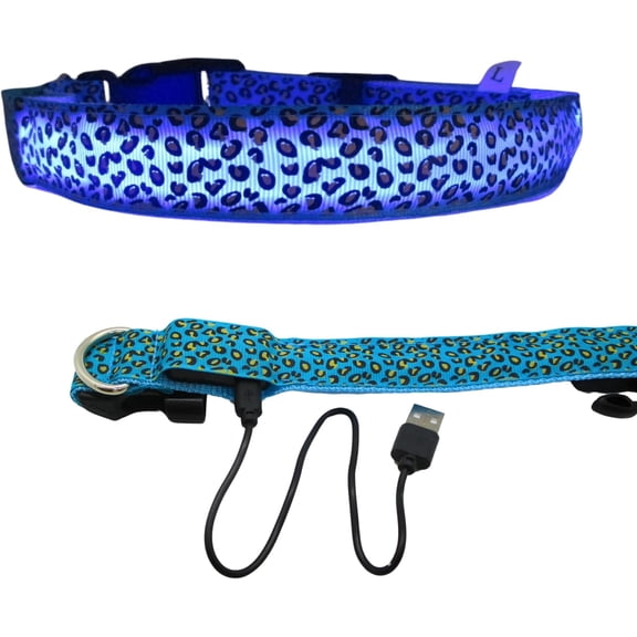 Leopard Print LED Dog Collar – USB Rechargeable Glow-in-the-Dark Collar with Waterproof Design – Light-Up Collar, Blue, Medium