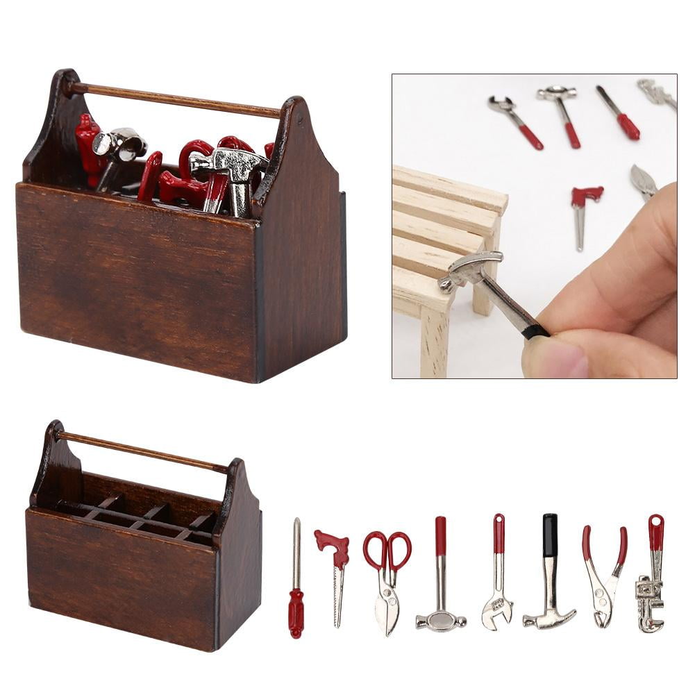 1:12 Dolls House Miniatures Carpenter Wooden Toolbox Filled 8Metal Tools Set 