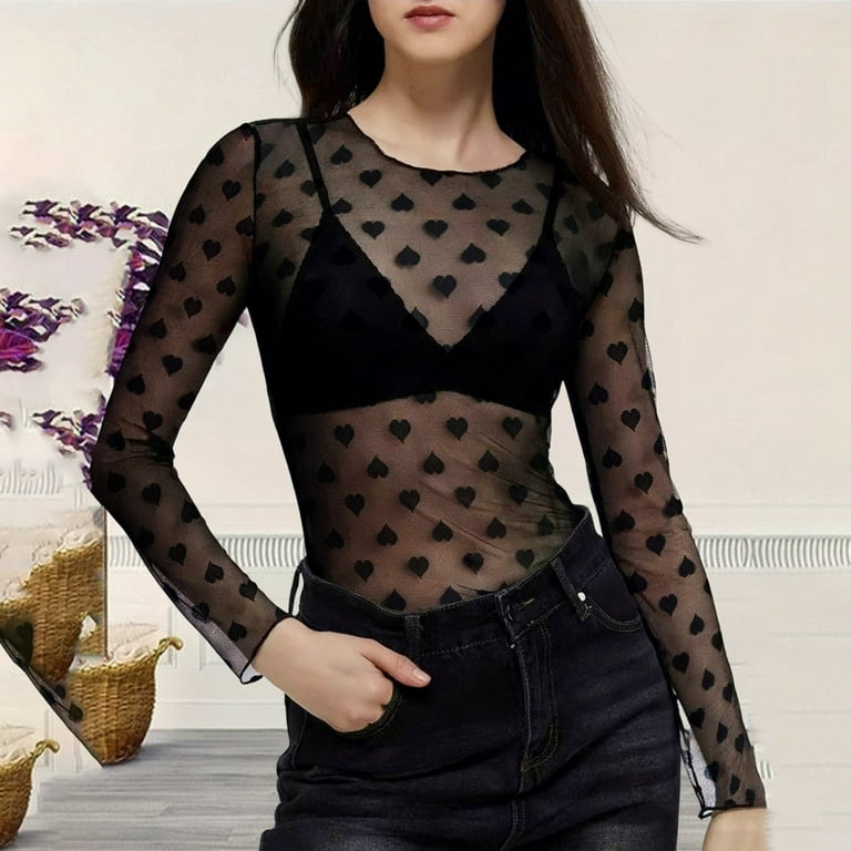 Lace Mesh Sheer Long Sleeve Tops for Women See Through Tee