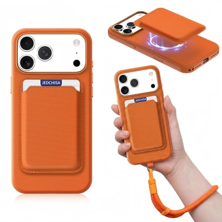 TechWoven Case for iPhone 17 Pro Max with Wrist Strap and Magnetic Card Holder - 6.9 inch (Orange)