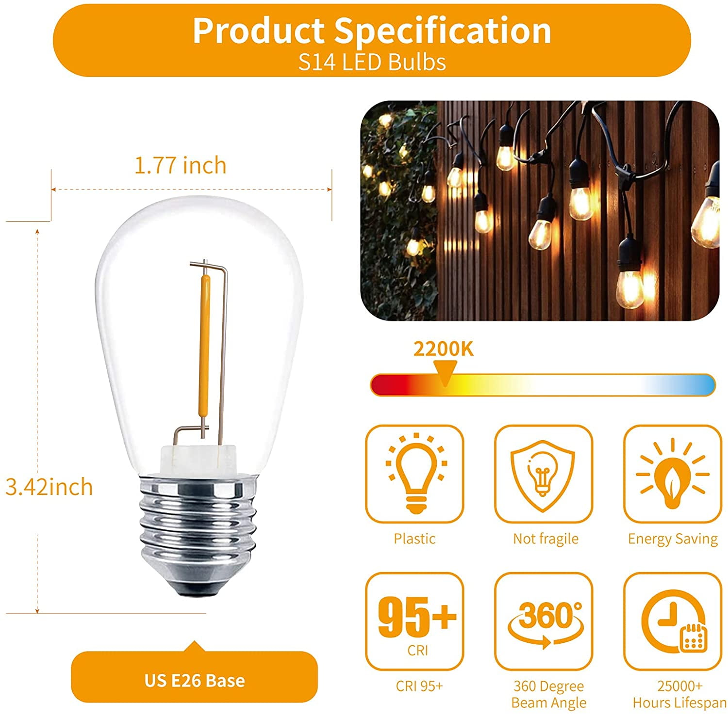 24 Pack LED S14 Replacement Light Bulbs, Shatterproof Outdoor 1 Watt to Replace 11Watts String Incandescent Bulb, E26 Regular Medium Screw Base, 2200K Warm White, Non-Dimmable