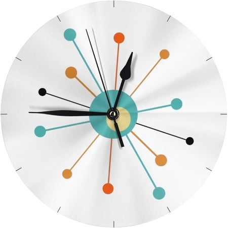 Round Wall Clock Non-Ticking Silent Battery Operated Clock 10 Inch, Orange Turquoise Atomic Age Starburst Mid Century Home Decor for Living Room, Kitchen, Bedroom, and Office