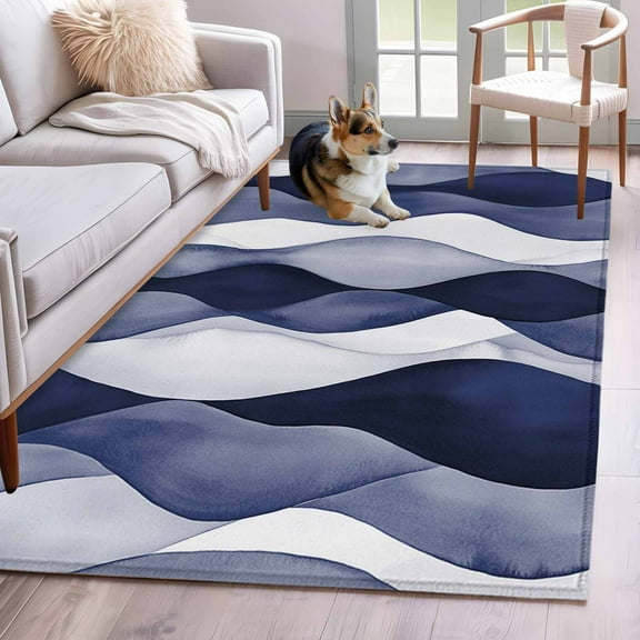 Navy Blue Area Rug 4x6 Washable Rug Non Slip Modern Moire Abstract Ripple Geometric Large Area Rug Indoor Floor Carpet for Entryway Bedroom Kitchen Living Room Home Office Dining Room Nursery