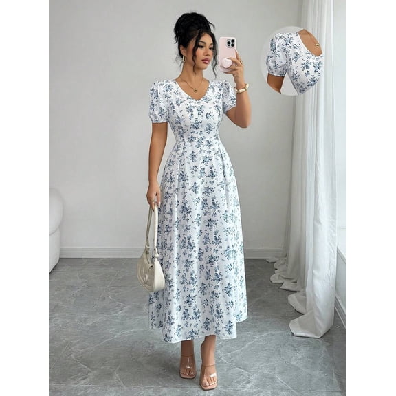 Blue And White V-Neck Puff Sleeve Waist-Slimming Ditsy Floral Maxi Dress For Women Spring Summer