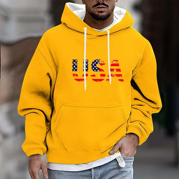 PiGOGI Men's Casual Printed Hooded Sweatshirt Long Sleeve Pullover with Drawstring Fashion Hoodie for Winter Yellow XL