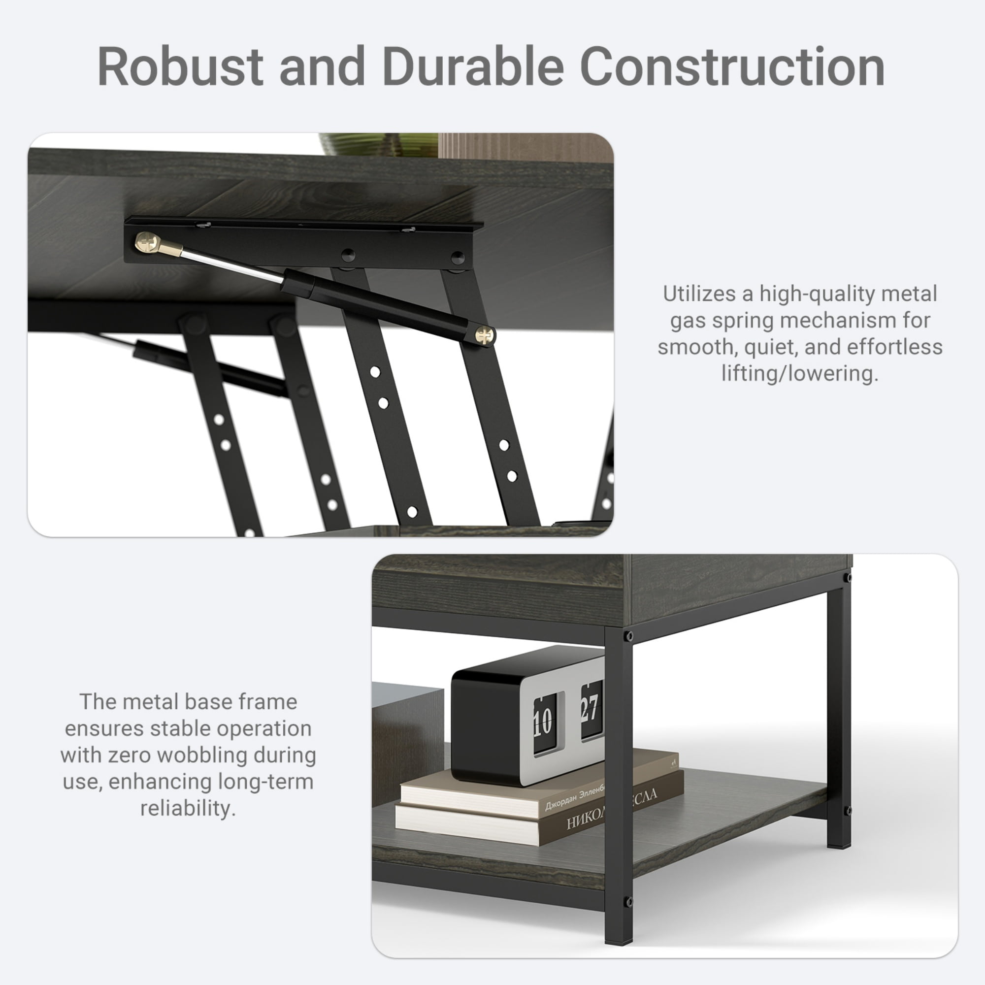 Manxile Lift Top Coffee Table with Storage Shelf, Farmhouse Coffee Table for Living Room, Charcoal Oak Finish
