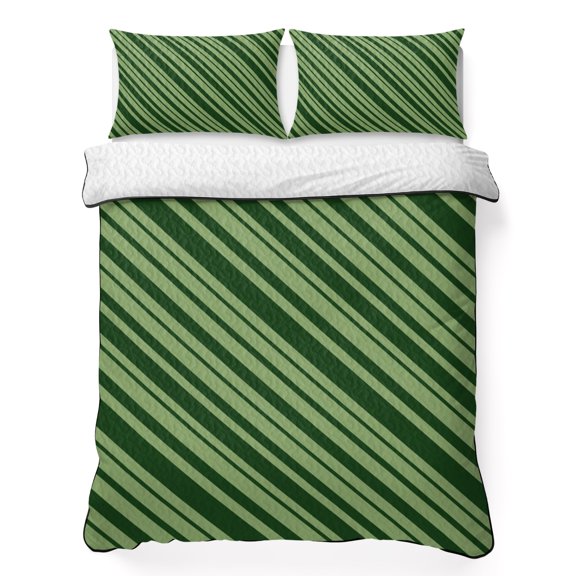 King Quilt Set, Green Diagonal Stripes Lightweight Quilt Sets Summer Comforter Coverlets with 2 Pillow Shams, Minimalist Geometric Art Breathable 3 Piece Bedding Set for All Seasons