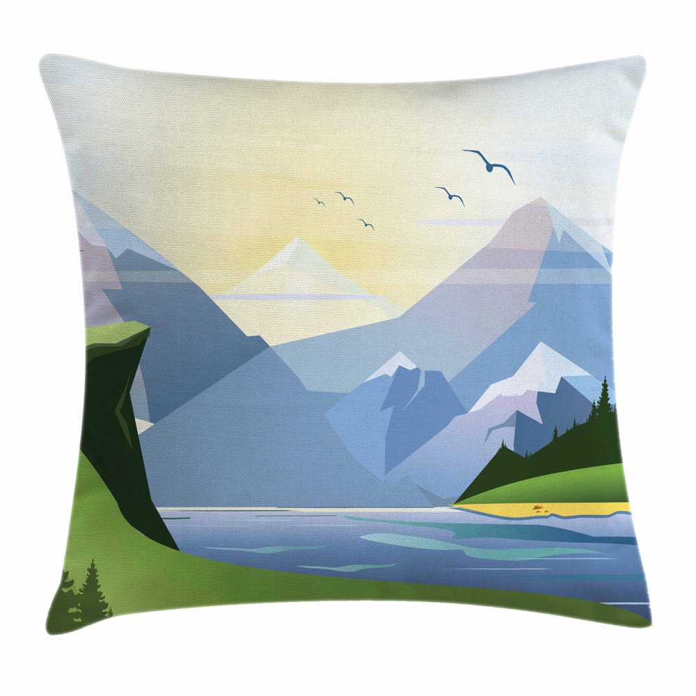 Northwoods Throw Pillow Cushion Cover, Nature Illustration with Grass Lake Forest Mountains and
