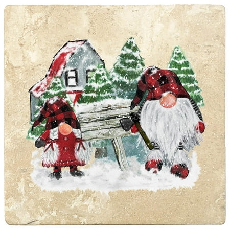 

[Set of 4] 4 Premium Absorbent Travertine Square Christmas Holiday Decor Gift Housewarming Coasters - Gnomes Winter Scene