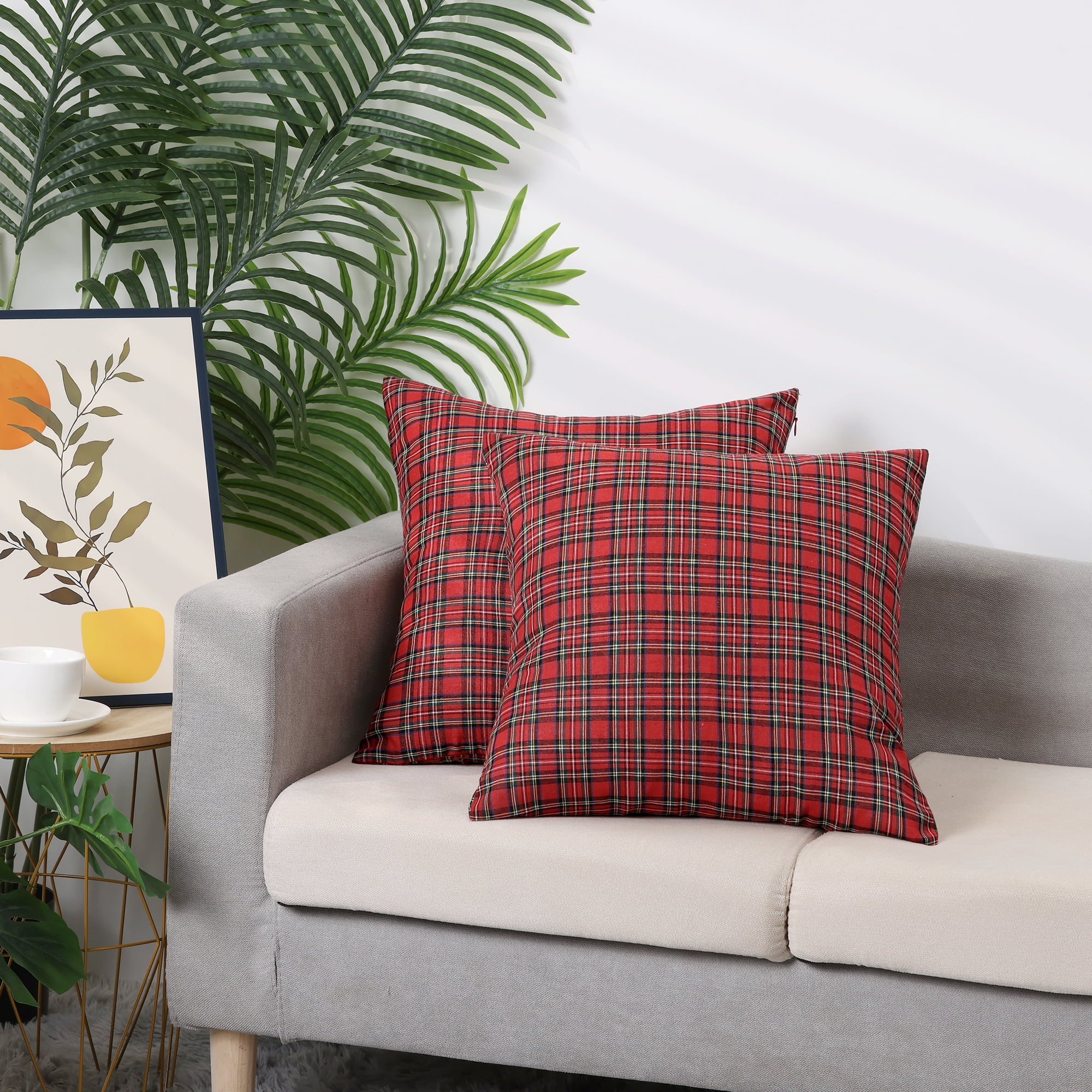 Unique Bargains Festive Plaid Decorative Throw Pillow Covers Scottish Tartan Decor 2 Pcs Fine Grid Red 20" x 20"