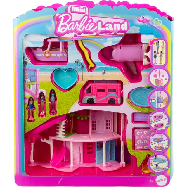 Barbie Mini BarbieLand DreamHouse & 3-Vehicle Playset with 4 1.5-Inch Dolls, Doll House Furniture & Accessories, Includes DreamCamper, Boat & Plane