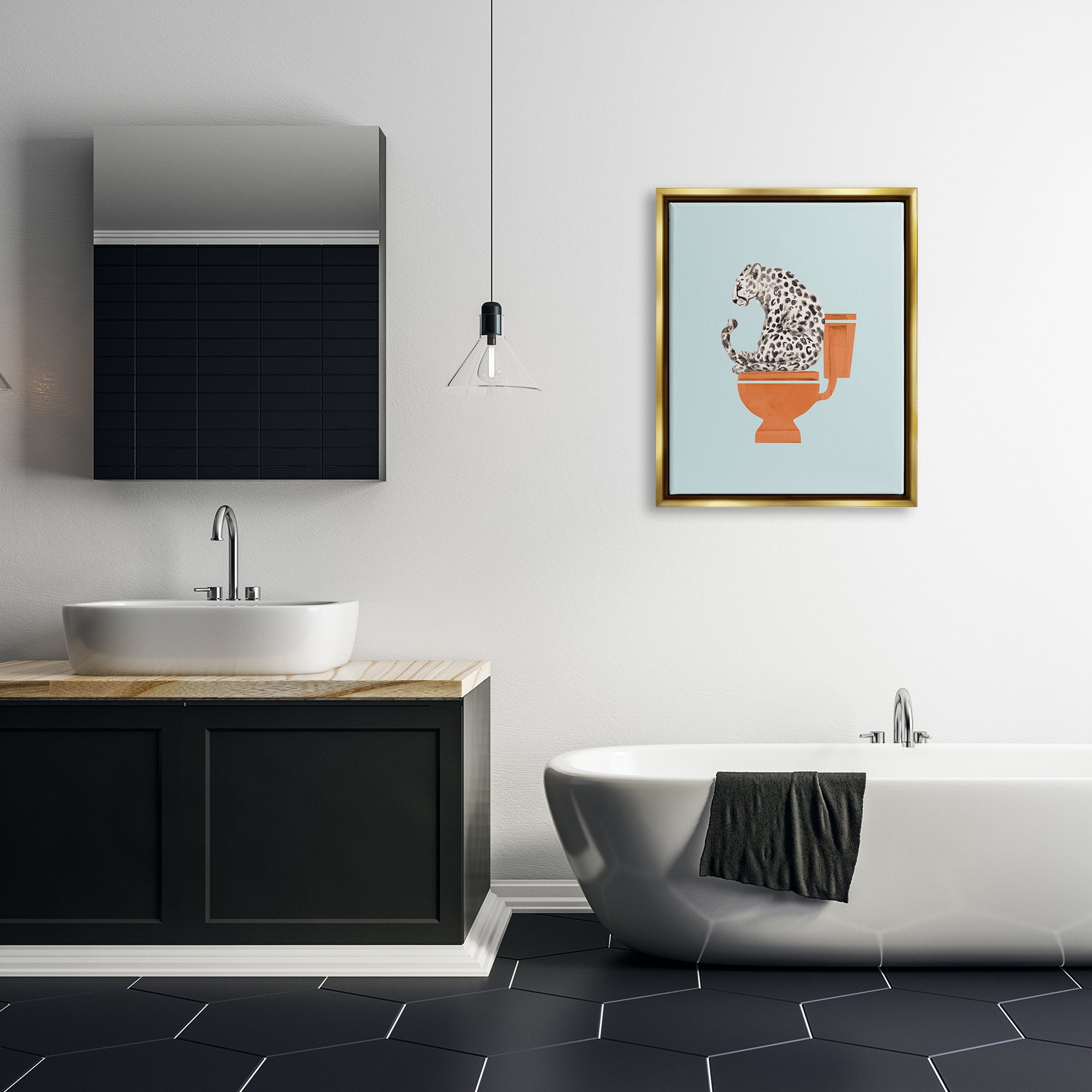 Stupell Industries Cheetah on Bathroom Toilet Animals & Insects Painting Gold Floater Framed Art Print Wall Art, 25 x 31