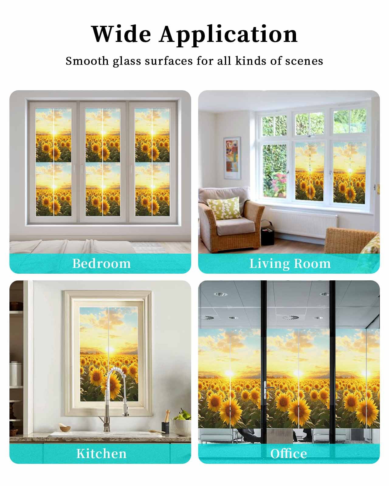 Window Privacy Film Sunflower Flowers Stained Glass Window Film Decorative Sun Block Window Cover Summer Watercolor Floral Field Window Clings Static Adhesive Sticker for Bathroom 23.6"x59"