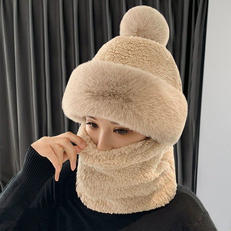 Neck warm Balaclava knitted winter hat Big Fur pom poms ball