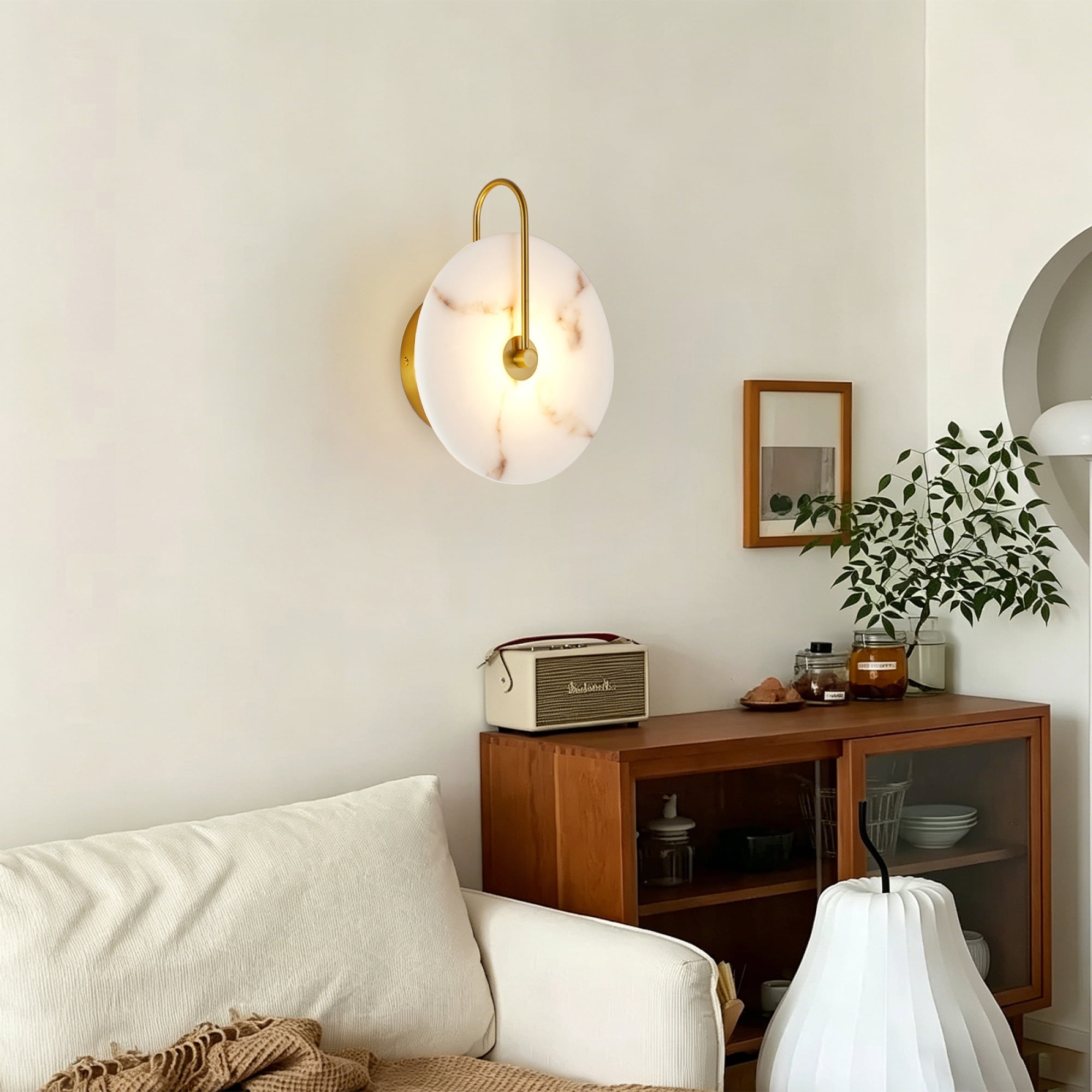 Leumius Round Wall Sconce, Natural Marble Lampshade Wall Sconce, Hardwired Circular Sconce LED Modern Wall Lamp for Bedroom, Stairs, Living Room, Bedside, Hallway