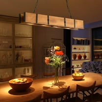 4-Lights Rustic Farmhouse Chandelier - 3 Color Dimming, 39in Pool Table Light Pendant Lighting Fixtures, Wood Kitchen Island Light with LED 5W Downlight for Dining Table, Island, Billiard