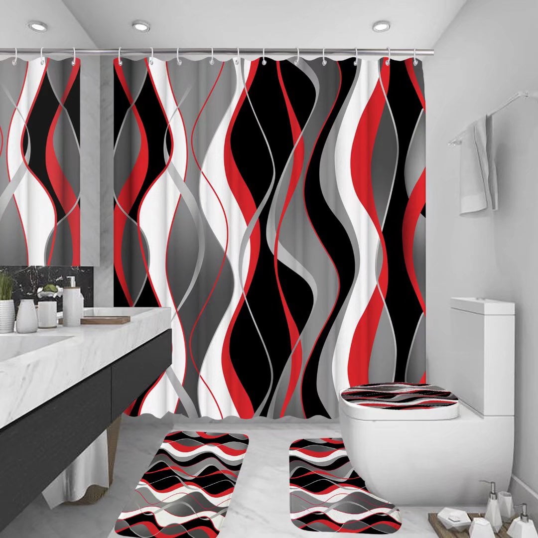 4Pcs Red Shower Curtain Sets with Non-Slip Rugs, Toilet Lid Cover and ...