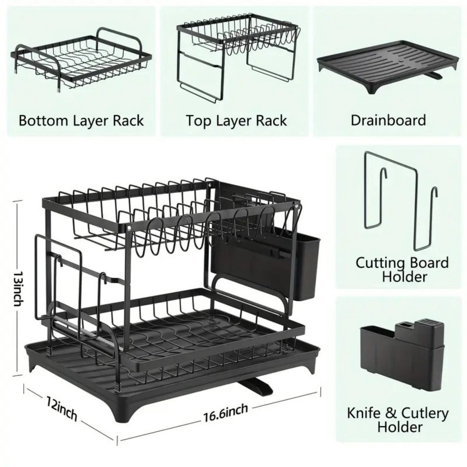 Rust-Proof Adjustable Dish Rack, Kitchen Counter Drainer with Removable Cutlery Holder & Swivel Spout, Durable & Customizable to Maximize Space, Complete Drying Solution