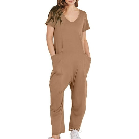 YDKZYMD Women Bodysuit Jumpsuit with Pockets Short Sleeve Cargo Harem One Piece Solid Color V Neck Keyhole Button Plus Size Long Trendy Baggy Casual Romper Brown L