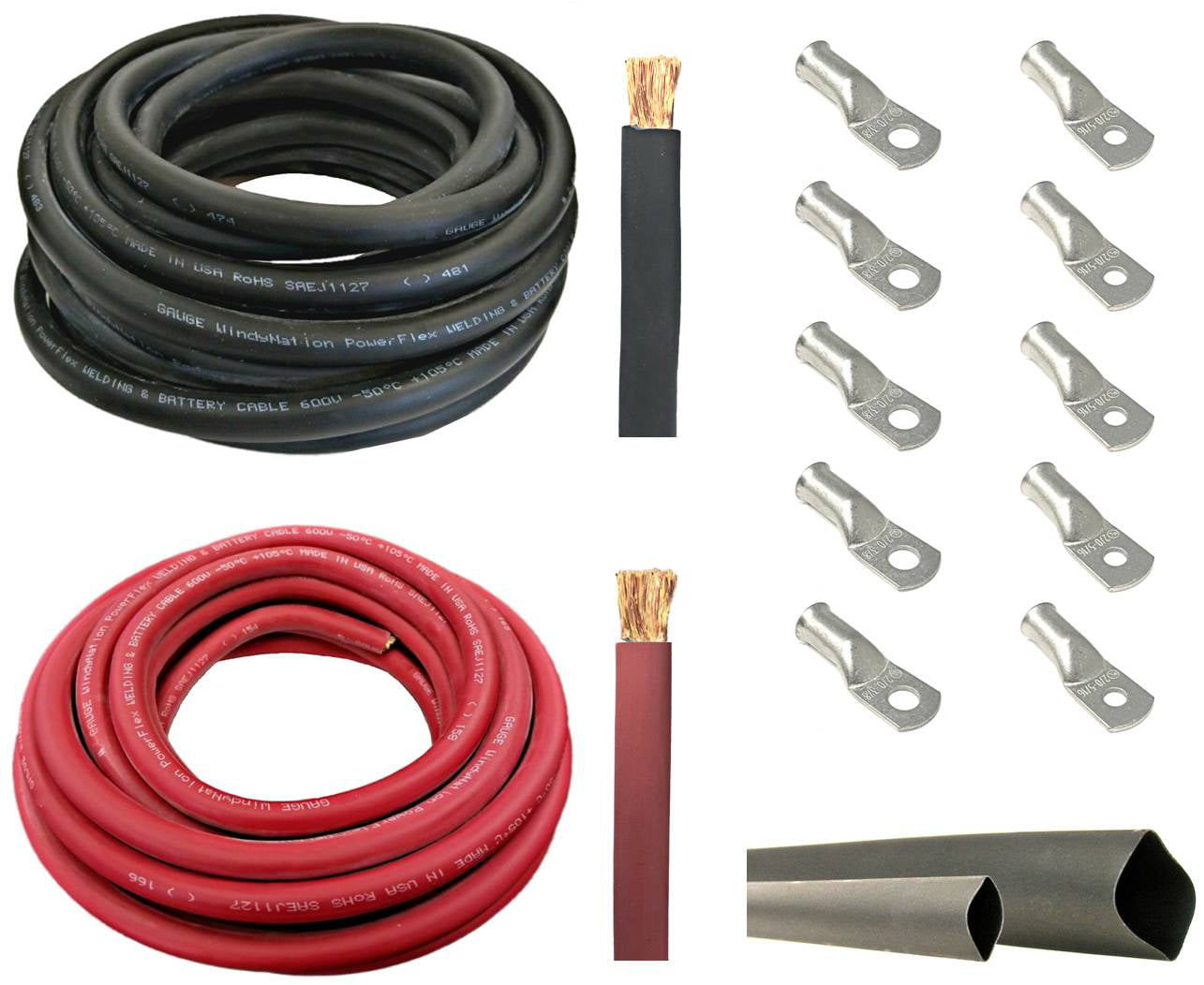 3 Feet Black Heat Shrink Tubing 10pcs of 3/8 Tinned Copper Cable Lug Terminal Connectors 25 Feet Black Welding Battery Pure Copper Flexible Cable 2/0 Gauge 2/0 AWG 25 Feet Red 