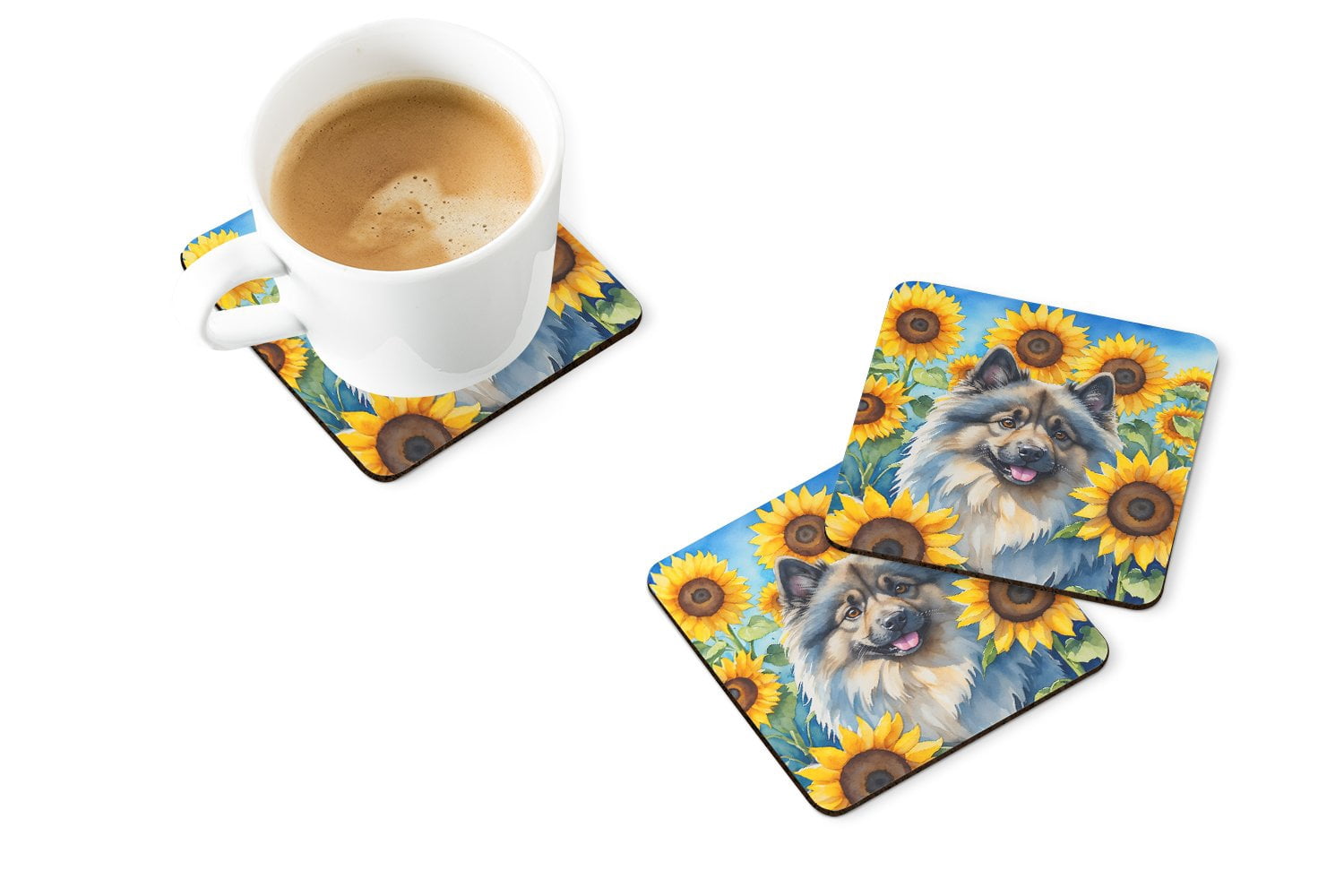 Keeshond in Sunflowers Foam Coasters 3.5 in x 3.5 in