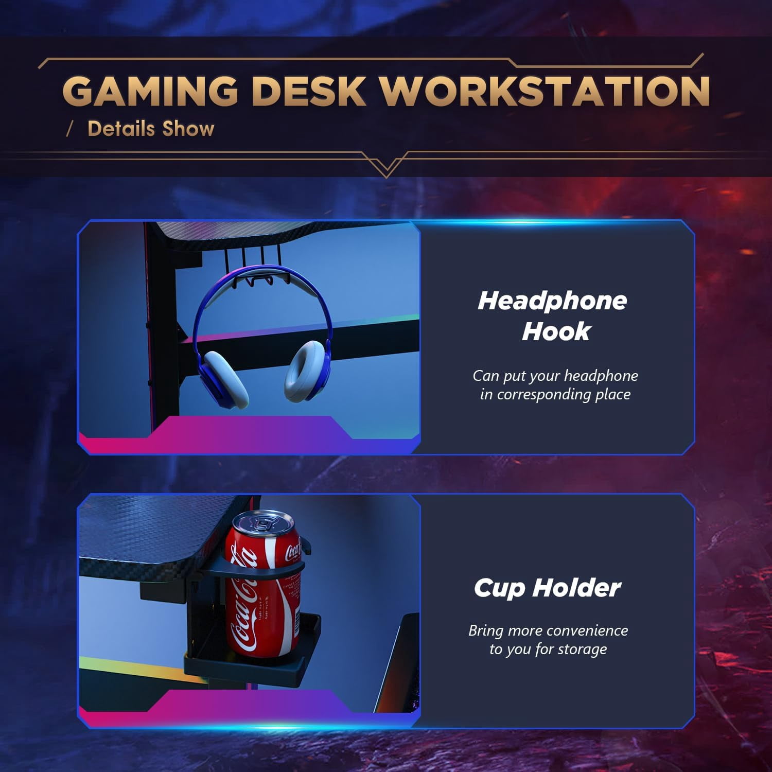 47 Inch Gaming Desk T-Shaped Tabl with Carbon Fiber Surface, Headphone Hook & USB Gaming Handle Rack & Cable Management Hole, Ergonomic Computer Desk for Home Gaming, Office Work, Study, Black