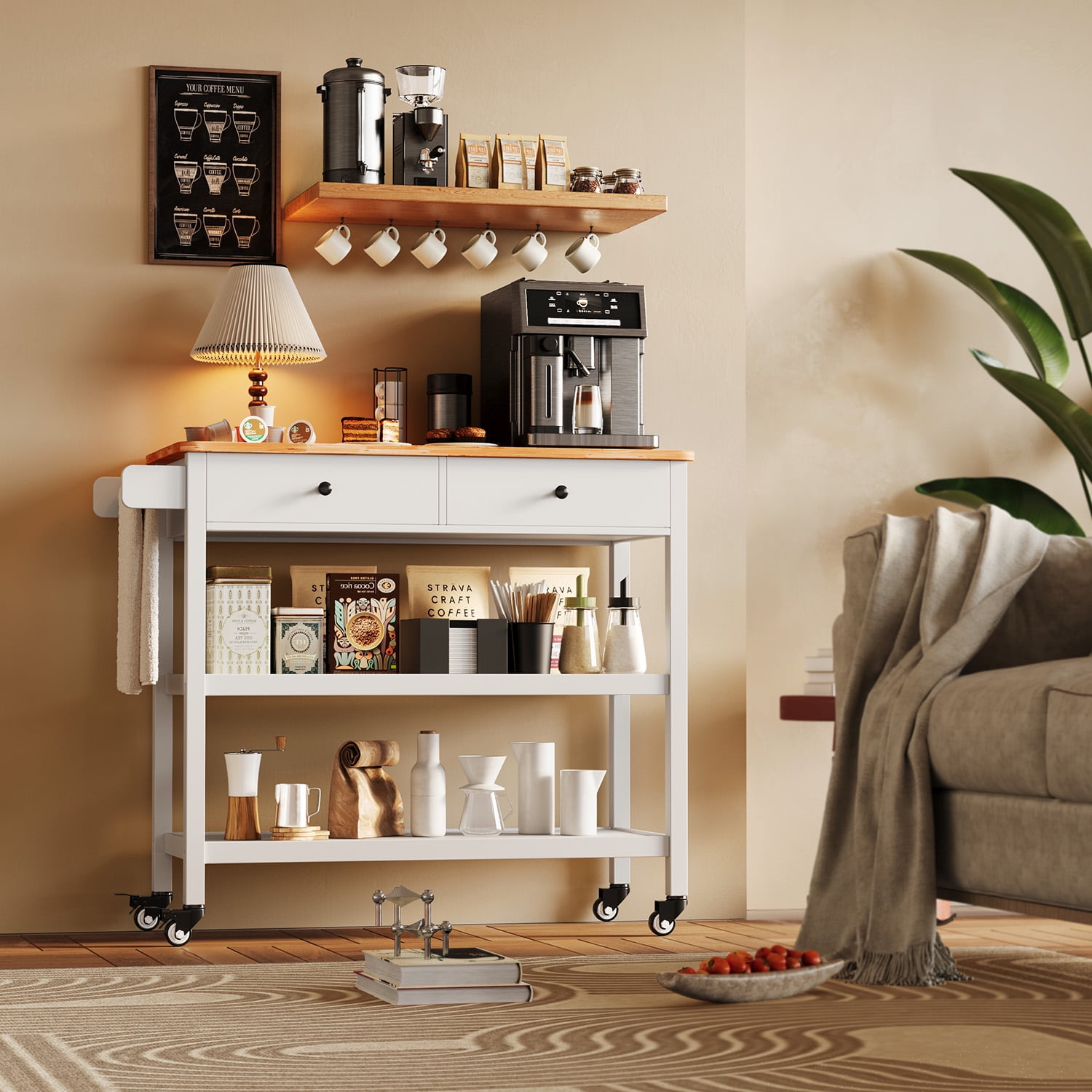 Kitchen Island Cart on Wheels with 2 Open Tiers Storage Shelves, White
